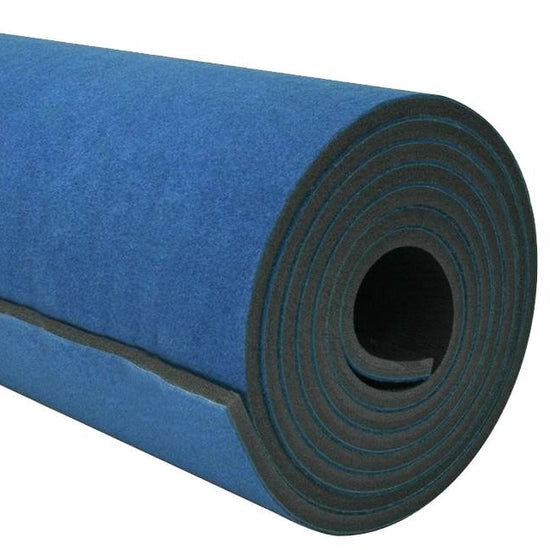 A roll of carpet bonded foam on its side, in the color blue.