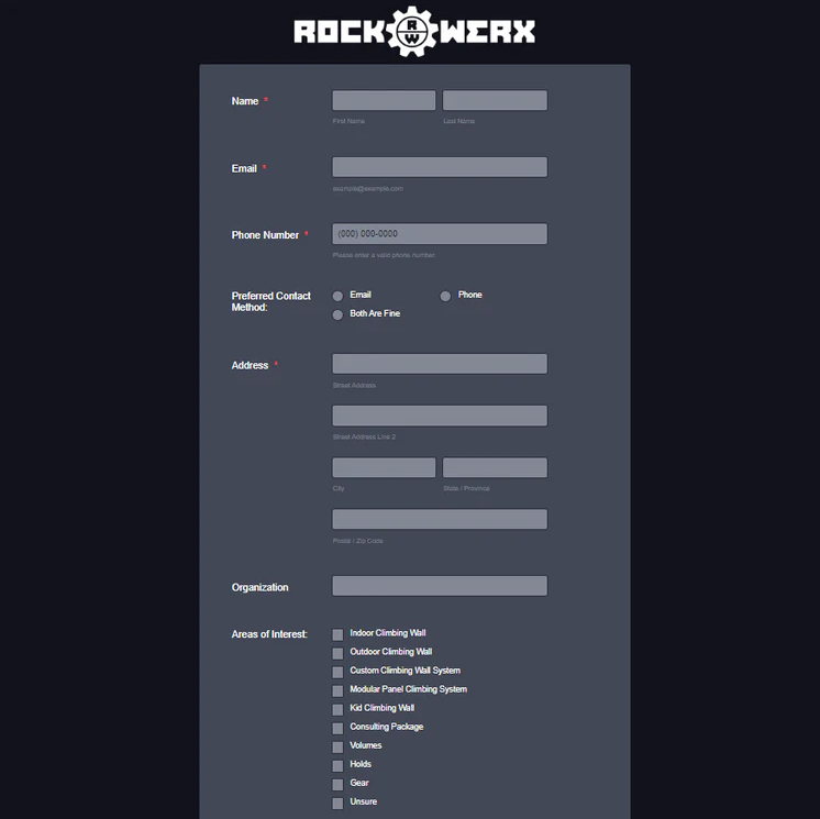 Screenshot of the Quote Form for Rockwerx to begin building a quote for a climbing wall.
